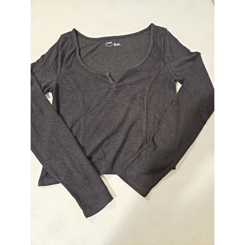 Aerie Crop Top Womens Scoop Neck Ribbed Long Sleeve Small Black Aerie Top (1202